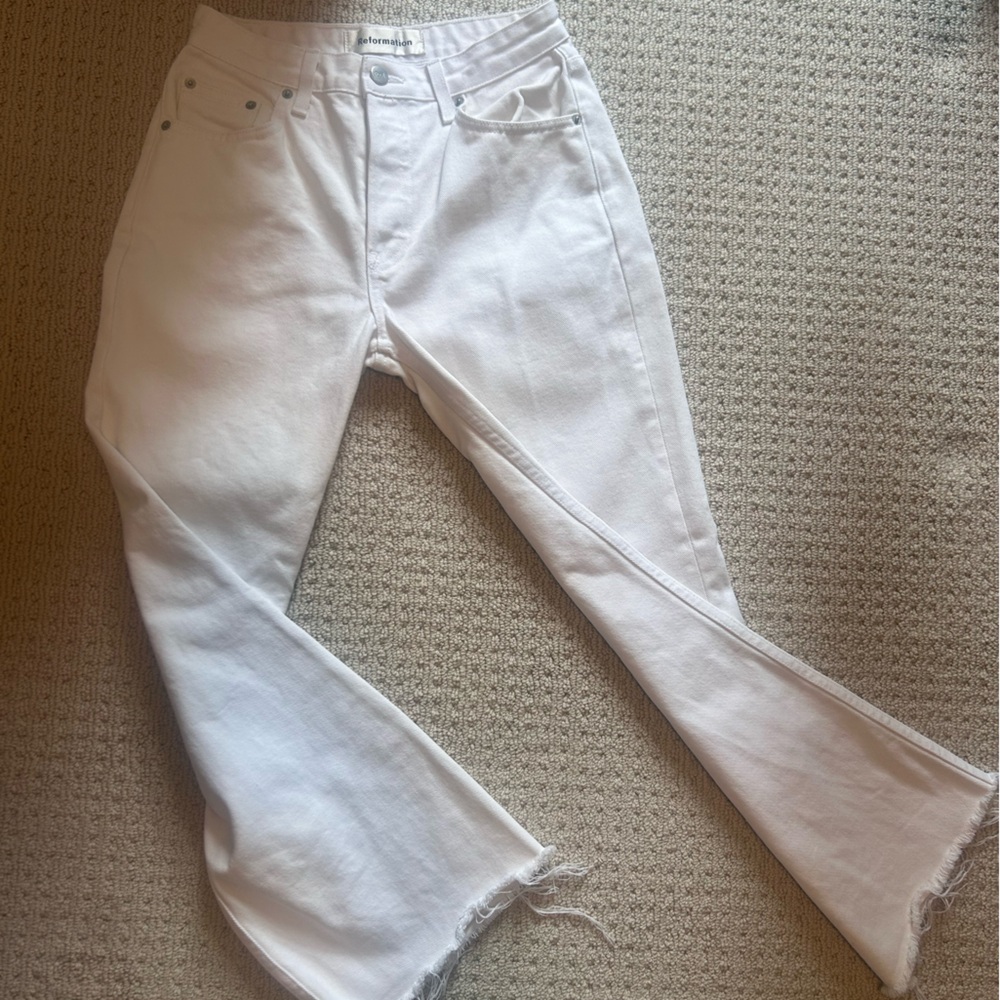Reformation White Flared Raw-Hem Jeans